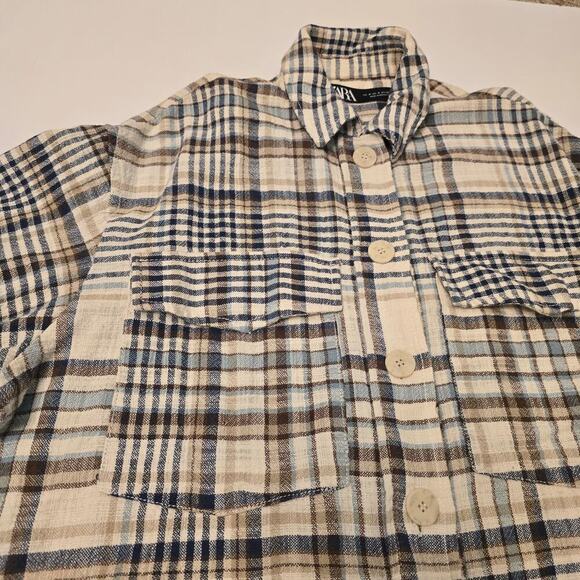 ZARA Plaid Flannel Overshirt Jacket Sz M Cotton Blend Soft Neutral Earth Tones - Picture 7 of 9